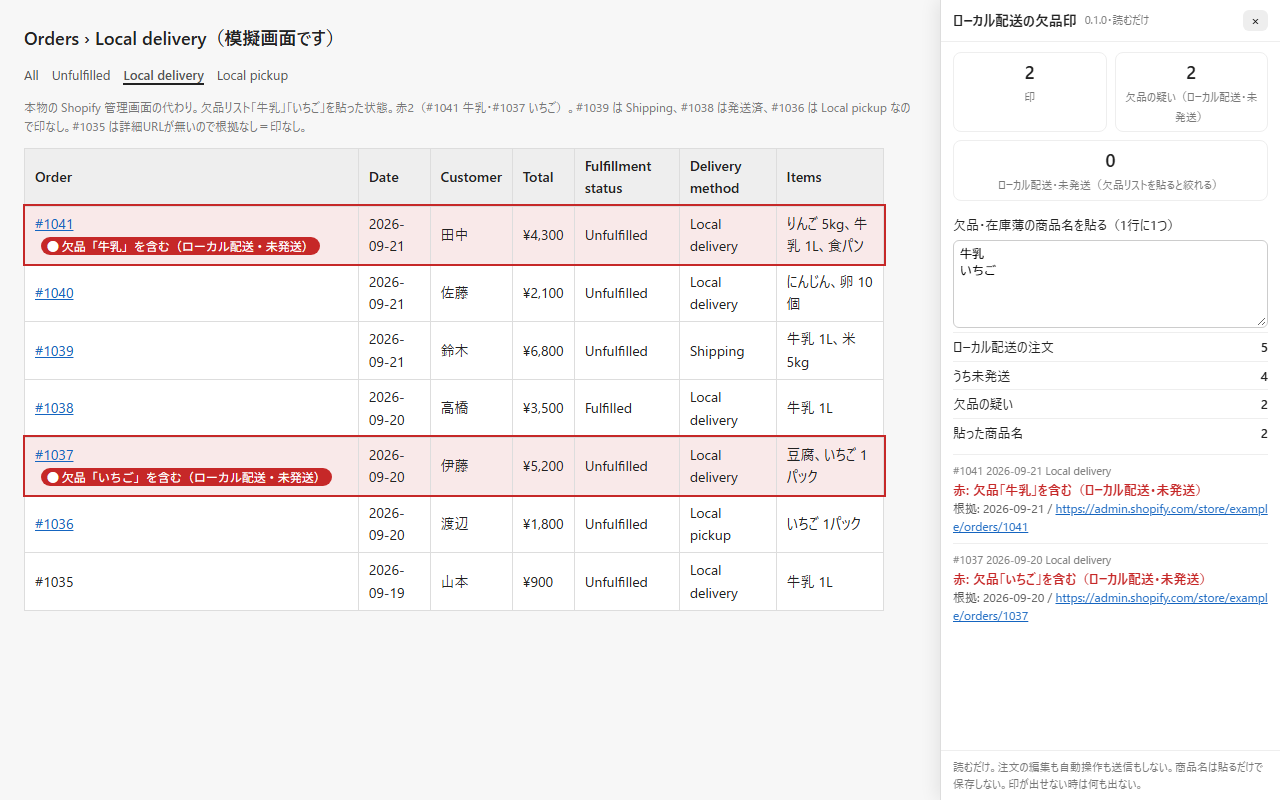 ローカル配送の欠品印 の模擬画面。注文一覧の行に赤の印、右側に欠品の商品名を貼る欄と件数の引き出し